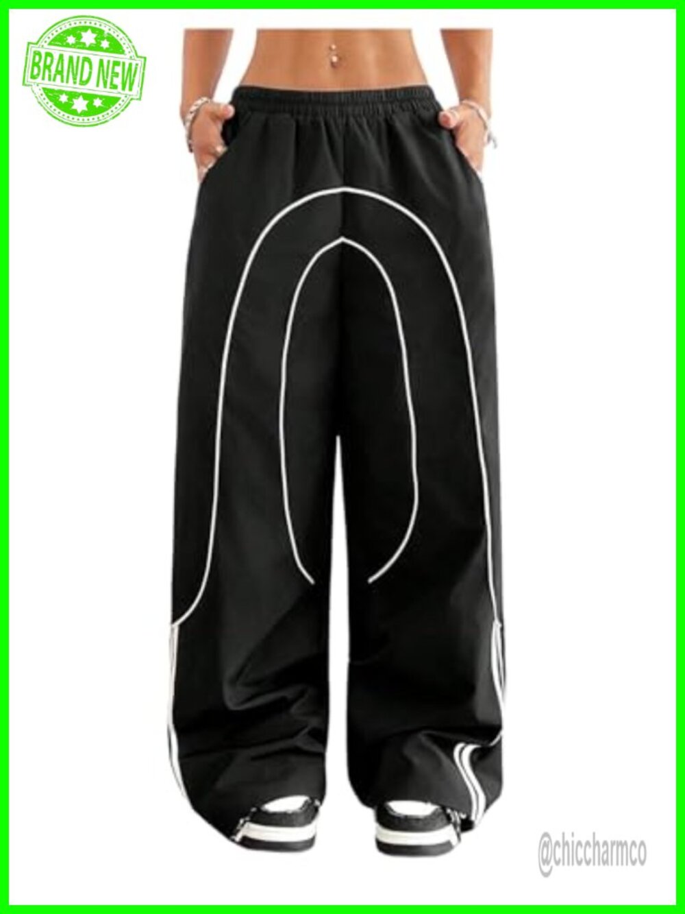 Y2K Baggy Parachute Pants Low Rise Wide Leg Striped Track Pants with Pockets